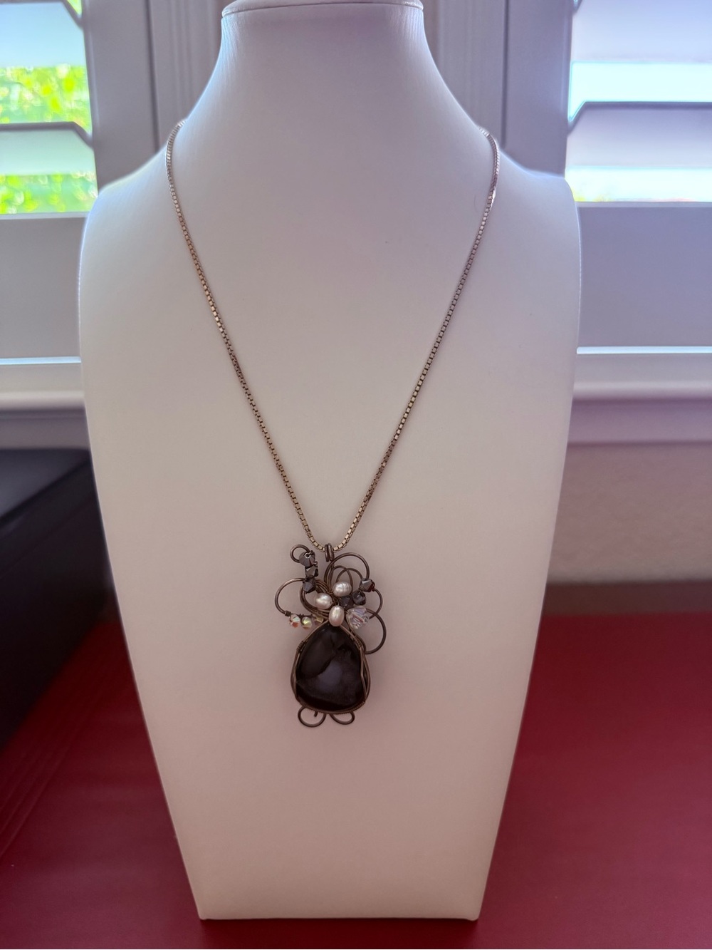 Artisan Black Druzy Pendant with Pearl and Iridescent Accents Silver Wire Wrap